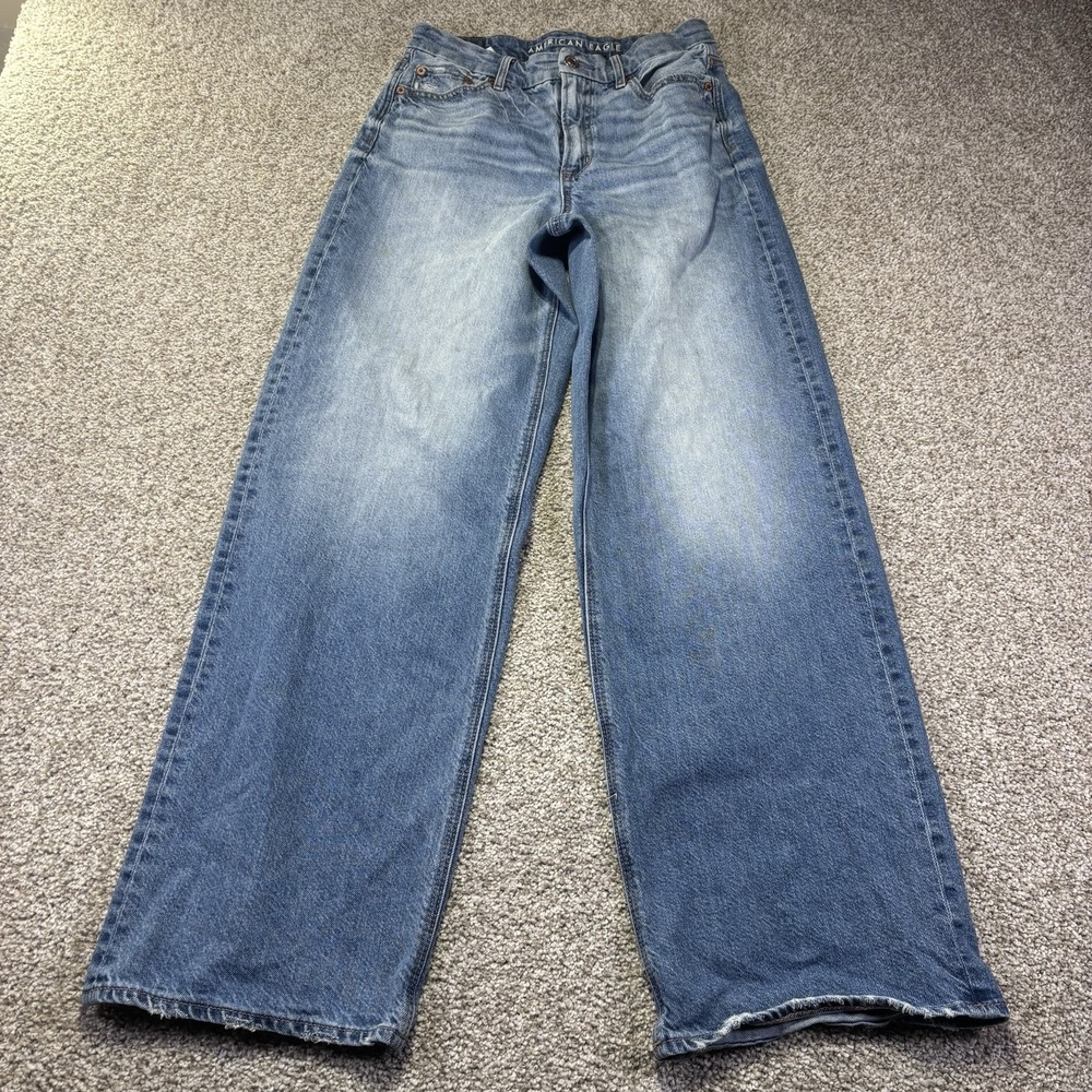 American Eagle Curvy Super High Rise Baggy Straight Jeans Womens 6 Blue Med Wash
